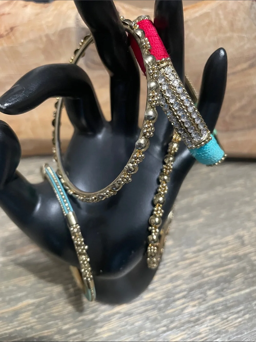 Gold Tone Multi-Color Bangle Set with Turquoise and Red Accents
